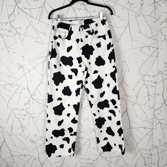 Forever 21 Cow Print Stretch Denim High Rise Straight Leg Jeans - Picture 1 of 7